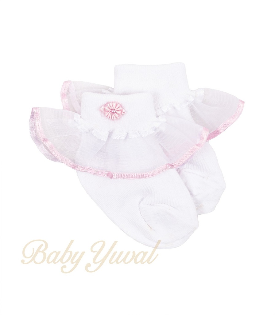 [ME0100269] Media con Blonda Organza | Blanco con Rosado (0 a 6 meses)